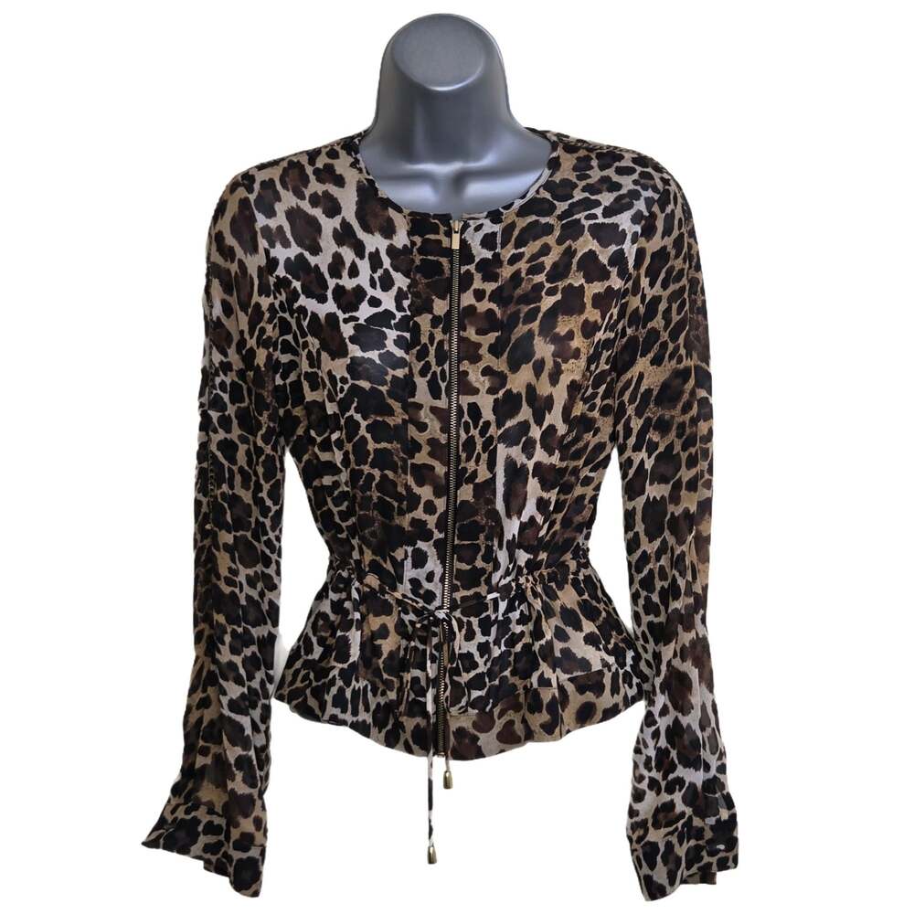 Caché  Sheer Cinched Drawstring Leopard Print Long Sleeve Top Size 0